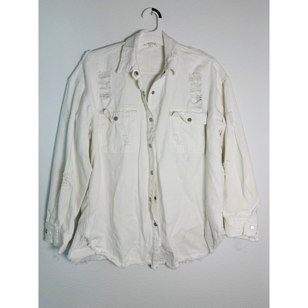 Heyday White Distressed Denim Shirt Jacket She Can't Be Tamed Graphic Medium